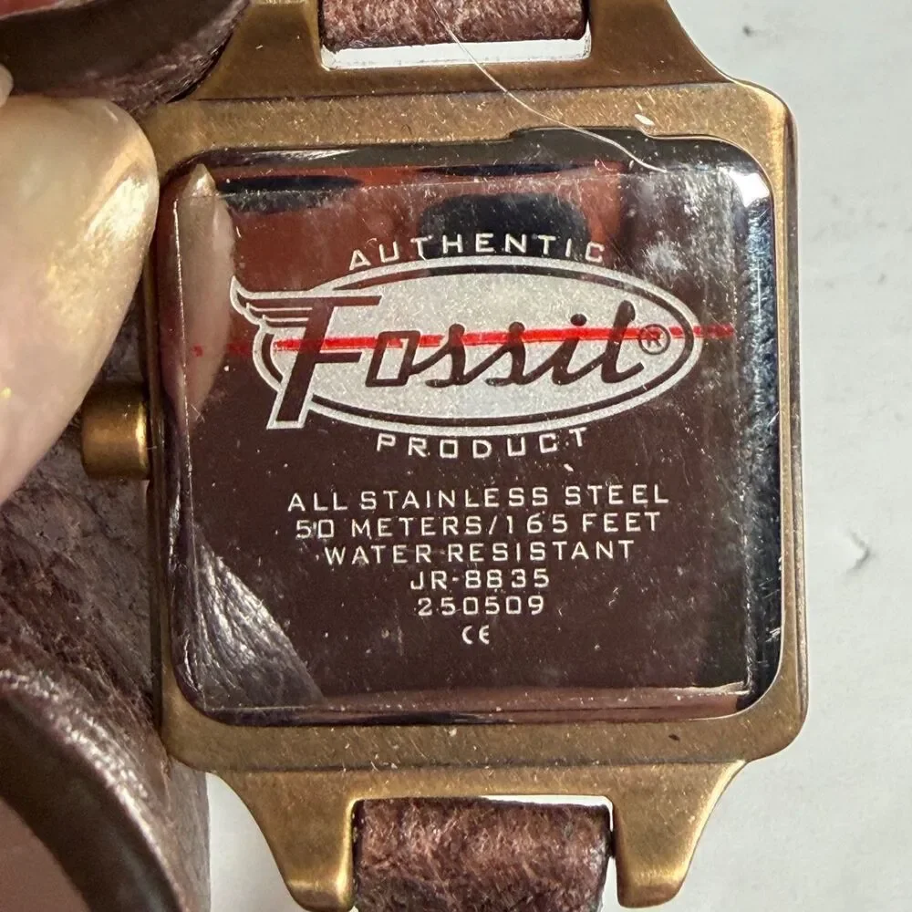 Vintage Fossil JR-8835 Brown Leather Cuff Watch Southwestern Rhinestone AS IS